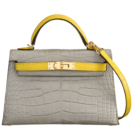 Hermès Kelly Mini 20 Gris Perle Jaune Citron Matte Alligator GHW HSS Bag Front