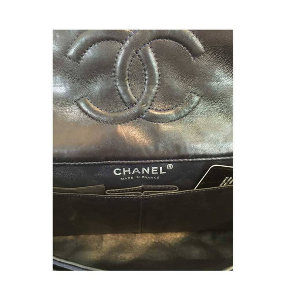 chanel medium double flap navy blue limited edition used logo