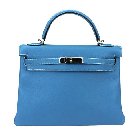 Hermes Kelly 32 Blue Jean Bag