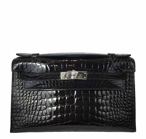 Hermes Kelly Pochette Bag Matte Black Crocodile Clutch Palladium –  Mightychic