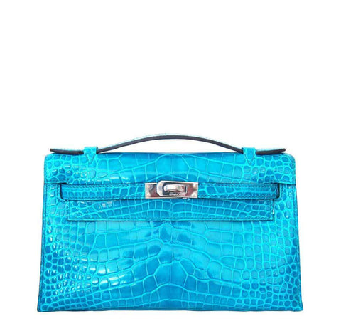 A SHINY MYKONOS ALLIGATOR KELLY POCHETTE WITH PALLADIUM HARDWARE