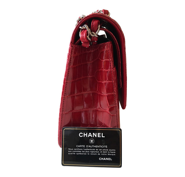 Chanel Red Jumbo Flap 2.55 Shiny Alligator Bag Excellent Side