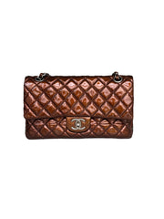Chanel Medium Double Flap Bag Metallic Patent Leather Bronze pristine front
