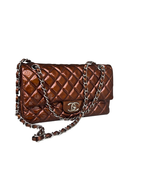 Chanel Medium Double Flap Bag Metallic Patent Leather Bronze pristine front chain