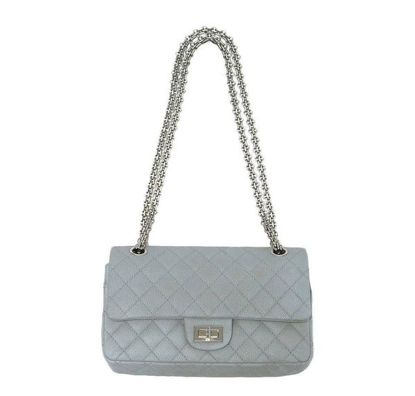 chanel double flap bag light gray used front