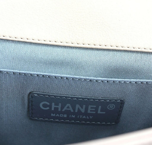 chanel boy flap bag light beige used logo
