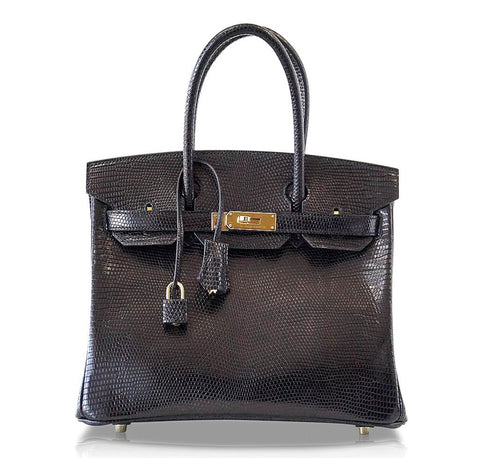 Hermès Birkin 30 Bag Noir Lizard Gold pristine front