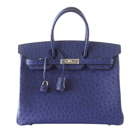 Hermes 35cm Blue Cobalt Ostrich Retourne Kelly Bag with Palladium