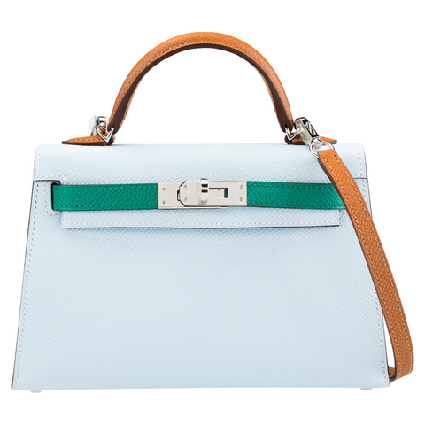 Hermès Kelly Sellier Mini II Limited Edition Tricolor Blue Brume / Gold /  Vert Jade Epsom PHW from 100% authentic materials!