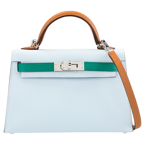 Hermès Mini Kelly Special Order Blue Brume, Vert Jade & Gold Epsom PHW Bag