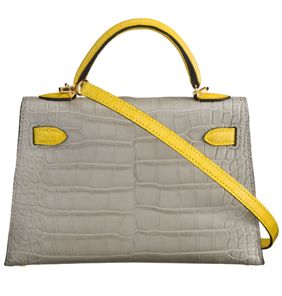 Hermès Kelly Mini 20 Gris Perle Jaune Citron Matte Alligator GHW HSS Bag Back