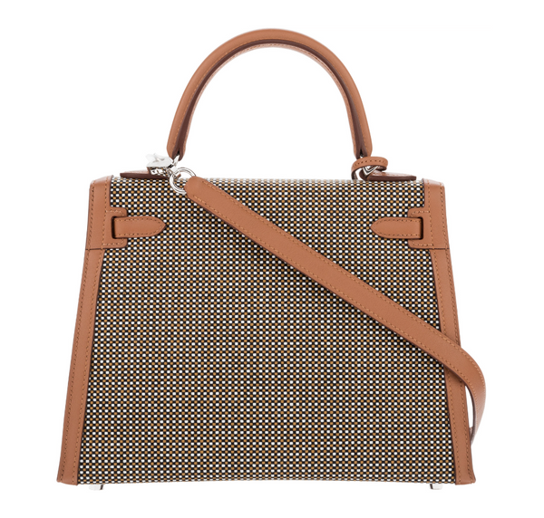 Hermès Kelly Sellier 25 Sesame Toile and Swift Leather Quadrille PHW Special Edition Bag