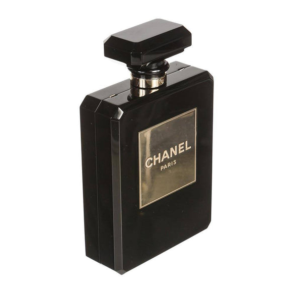 Chanel plexiglass perfume bottle bag black used side