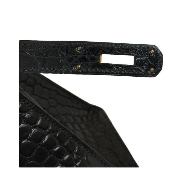 hermes kelly 32 black shiny porosus crocodile used stamp