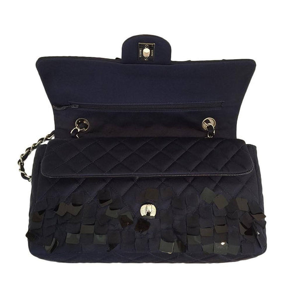 chanel medium double flap navy blue limited edition used front open
