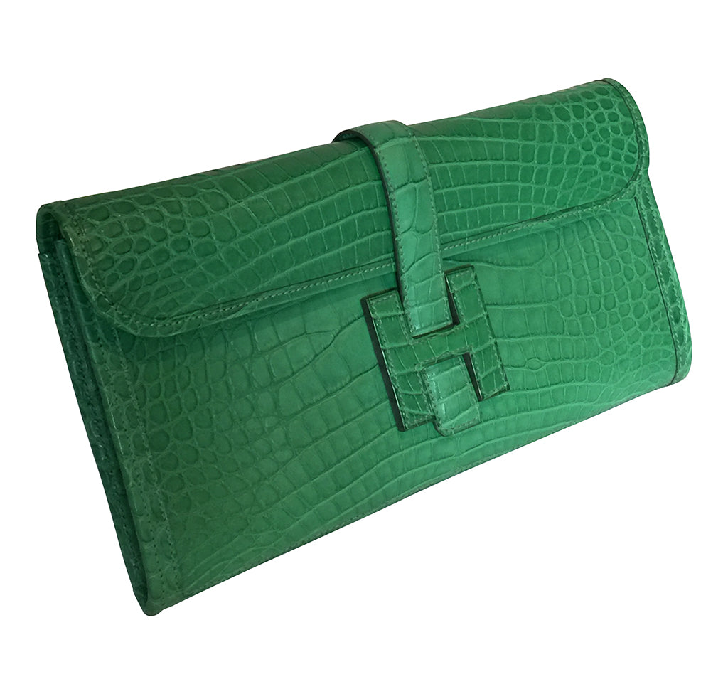 Hermes Kelly Classic Wallet / Clutch Emerald Matte Alligator