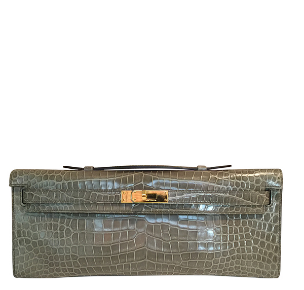 Hermes Kelly Cut Gris Tourterelle Porosus Crocodile GHW excellent front