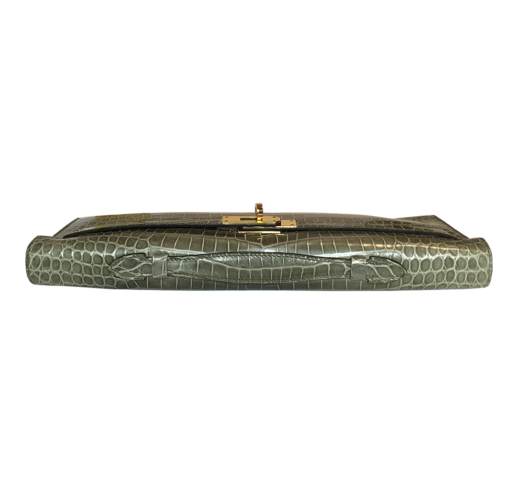 Hermès Kelly Pochette Clutch Gris Tourterelle Lisse Crocodile Alligator GHW  from 100% authentic materials!