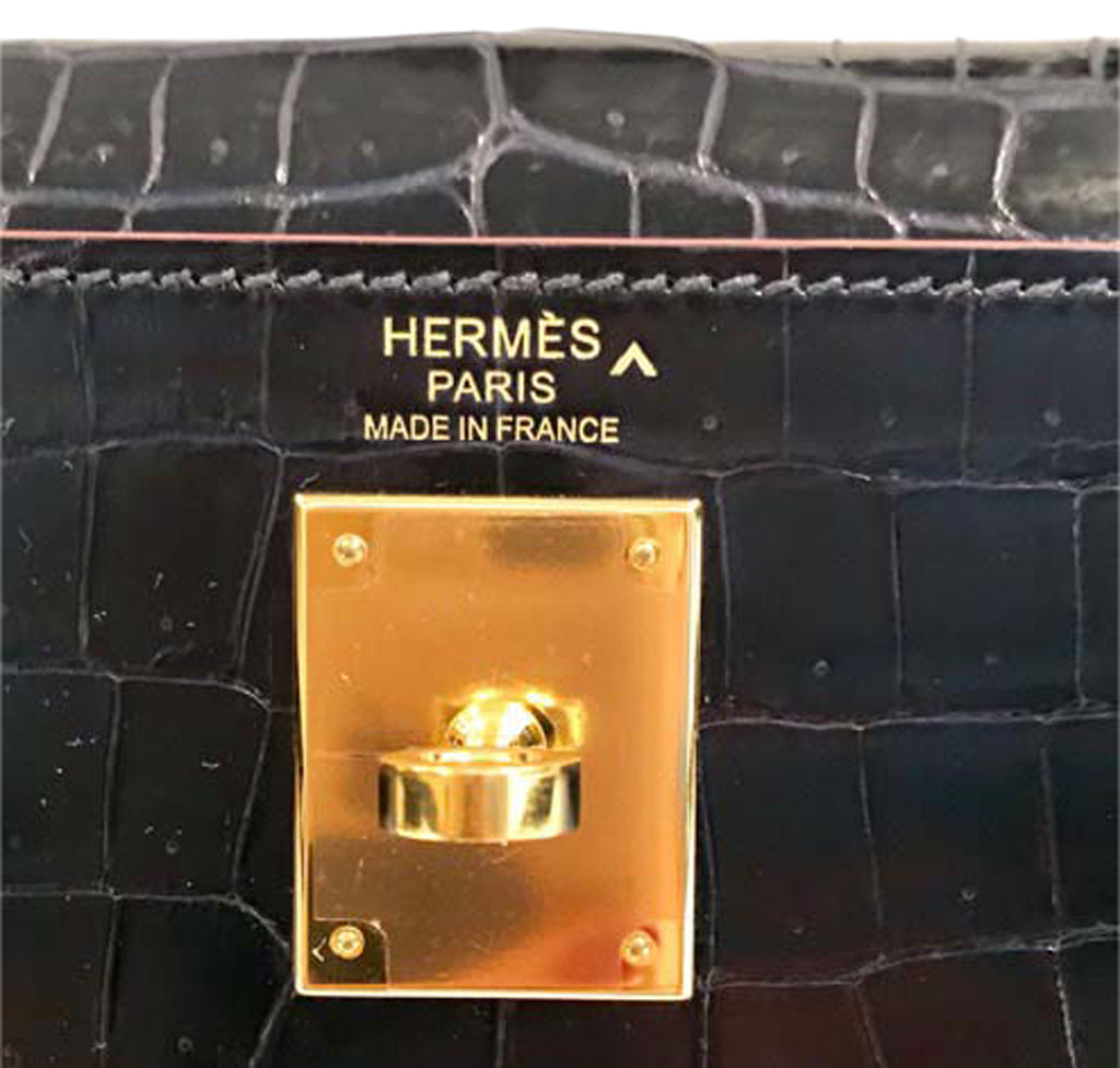 Hermes Kelly Sellier 25 Black Shiny Crocodile Gold Hardware