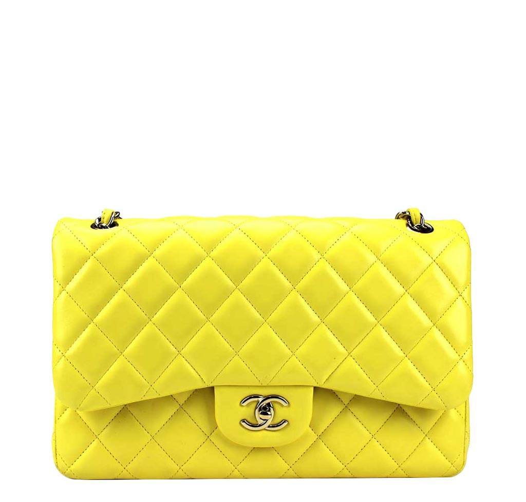 Vintage Chanel XL Jumbo Stitch Flap Bag Yellow Patent Leather Yellow A –  Madison Avenue Couture