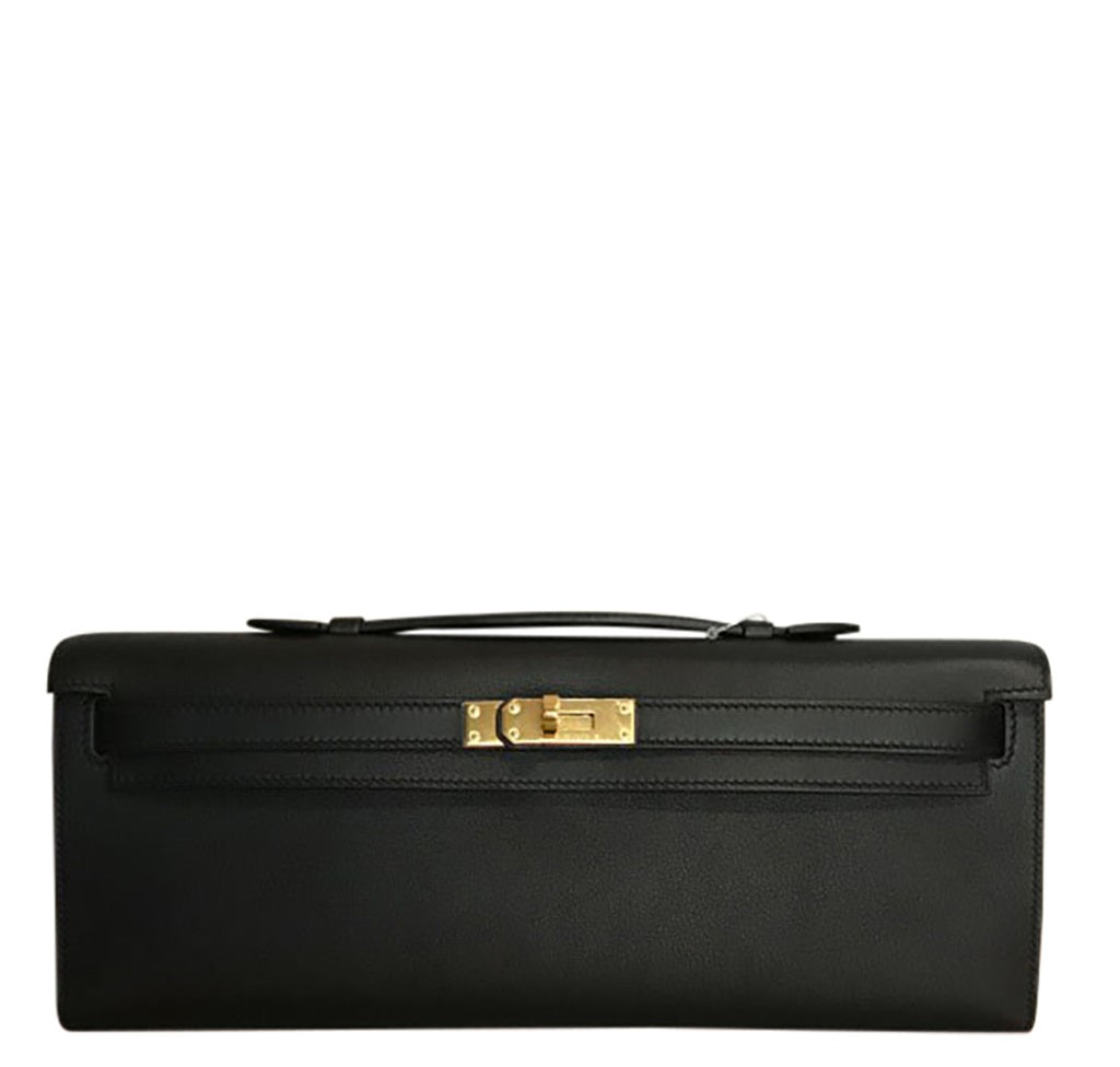 Hermes NEW Black Leather Gold Envelope Kelly Evening Flap Clutch Bag in Box