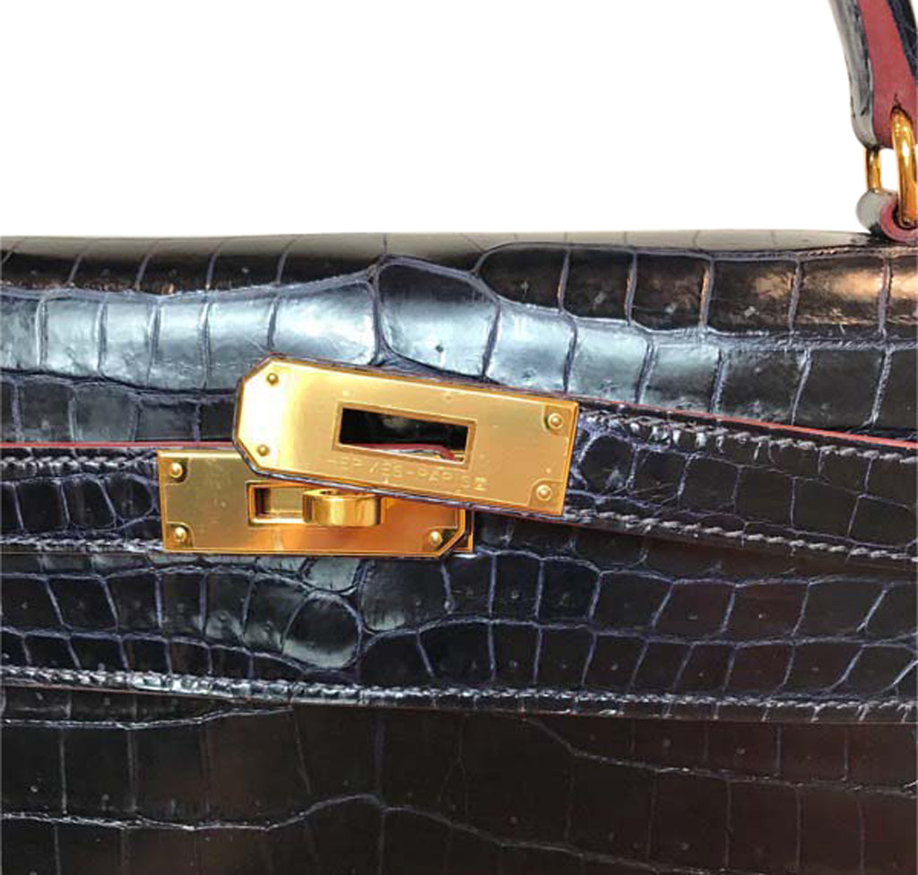 Hermès Kelly 32 Sellier Braise Porosus Crocodile Gold Hardware