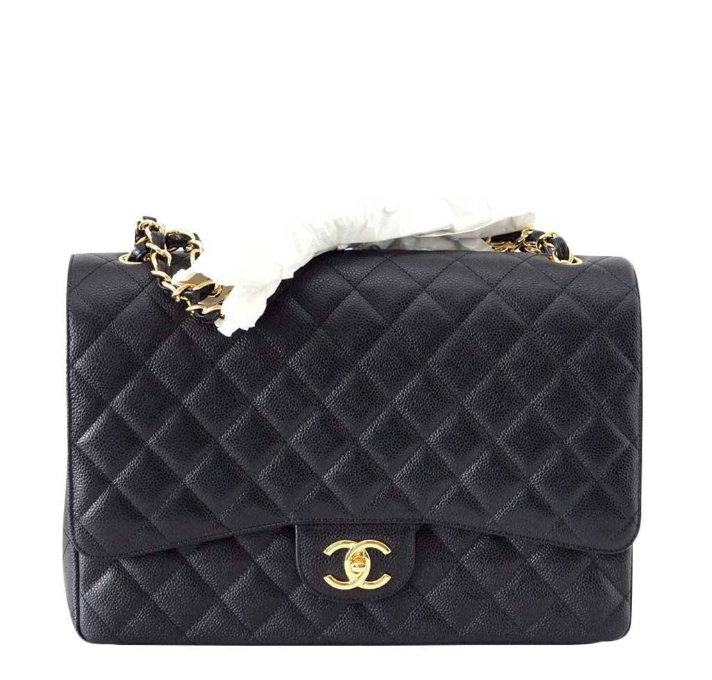 Chanel Maxi Classic Handbag Grained Calfskin Double Chain Flap Shoulder Bag