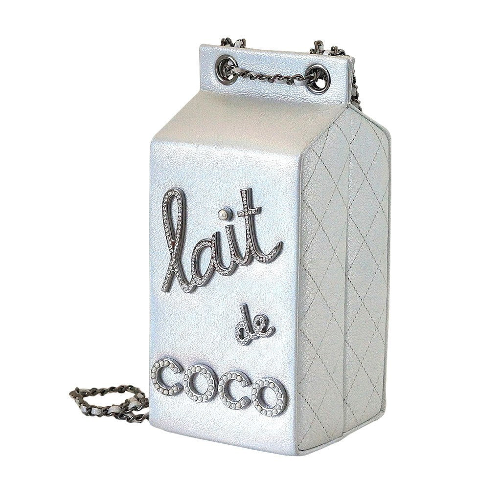 Iridescent Silver Goatskin Lait de Coco Milk Carton Bag Ruthenium