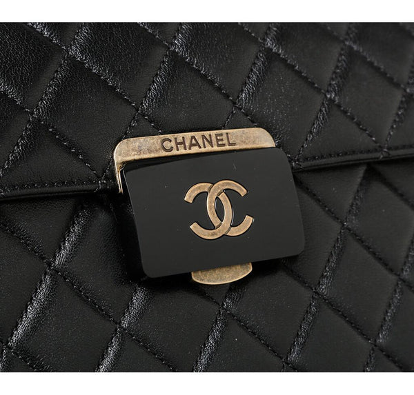 Chanel Quilted Tote Bag Black Used Engraving