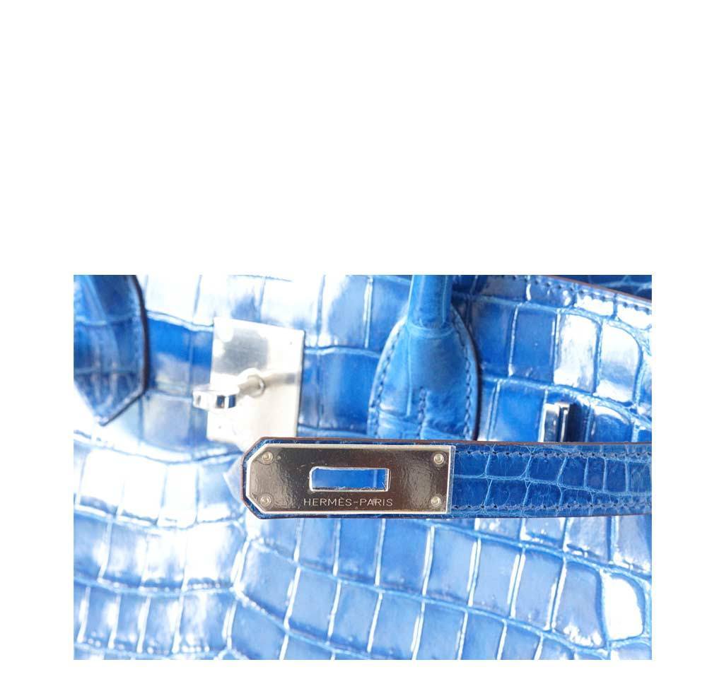 Hermes Birkin Crocodile shiny 7Q mykonos & 7T Blue Electric Silver Hardware  30cm Full Handmade - lushenticbags