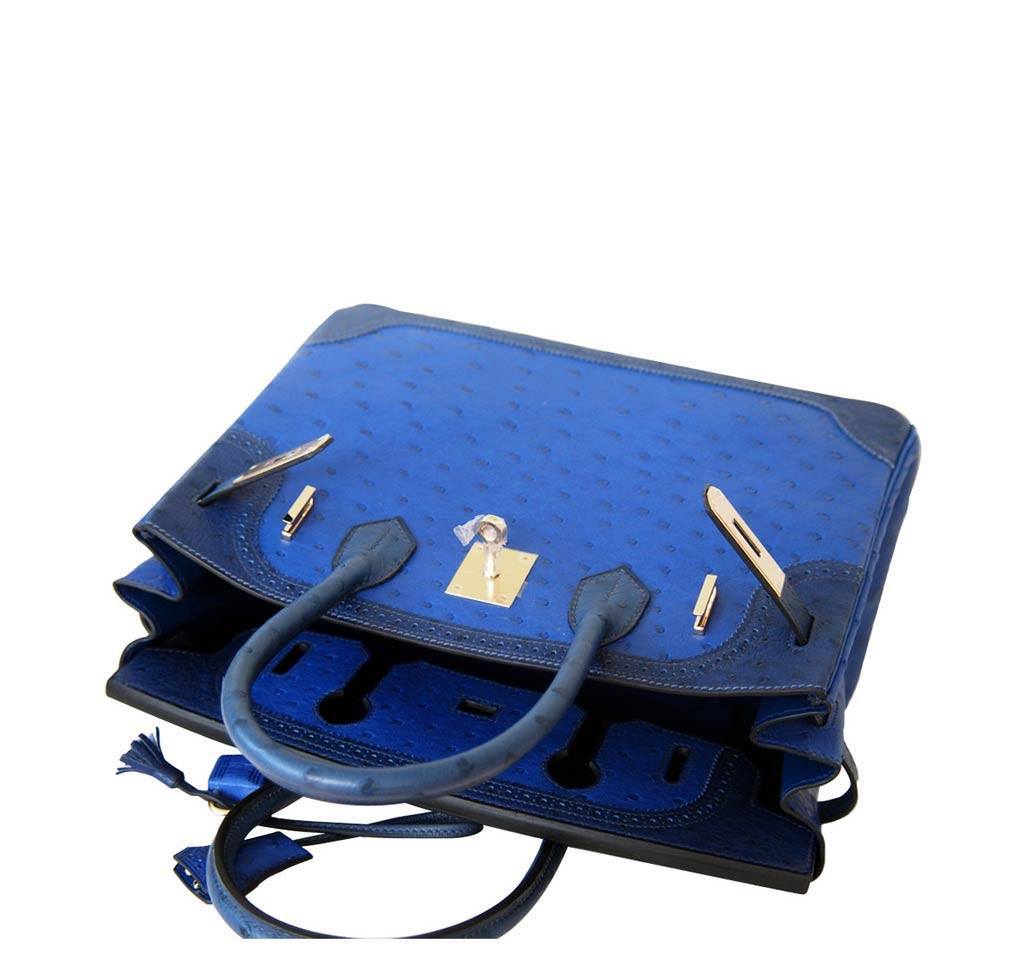 Hermes Birkin 30 Ghillies Tri color Bleu Iris/Bleu de Malte/Bleu Saphir  Ostrich Gold Hardware - Vendome Monte Carlo