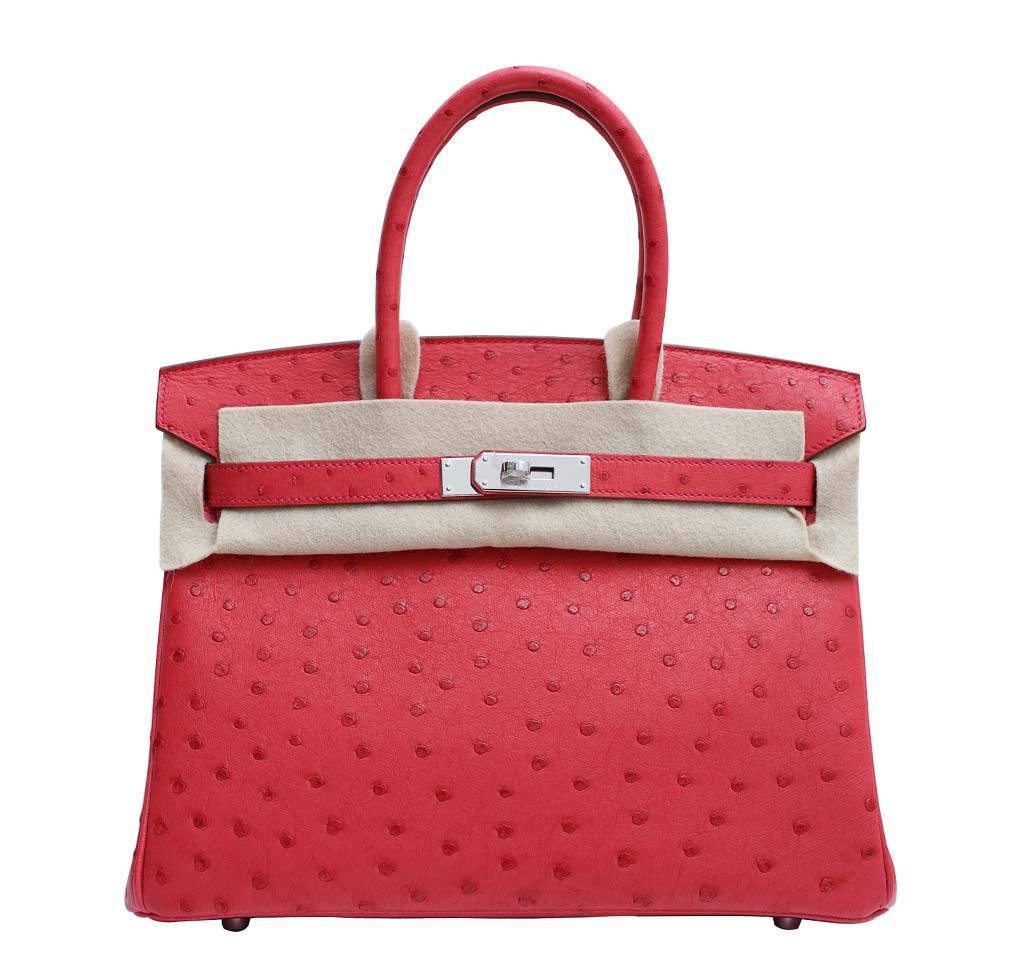 Hermes Birkin Bag 30cm Bougainvillea Red Ostrich Skin PHW - 100% Authentic