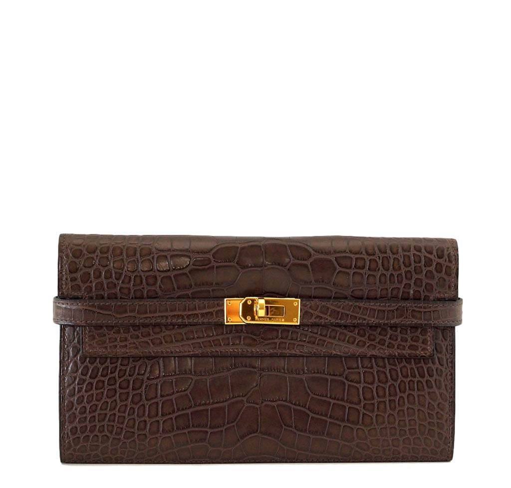Hermes Kelly Bag Alligator Leather Gold Hardware In Brown