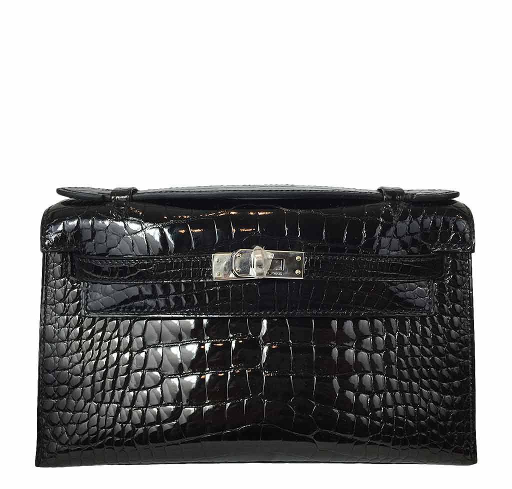 Hermès Kelly Mini Pochette Black Crocodile Bag PHW