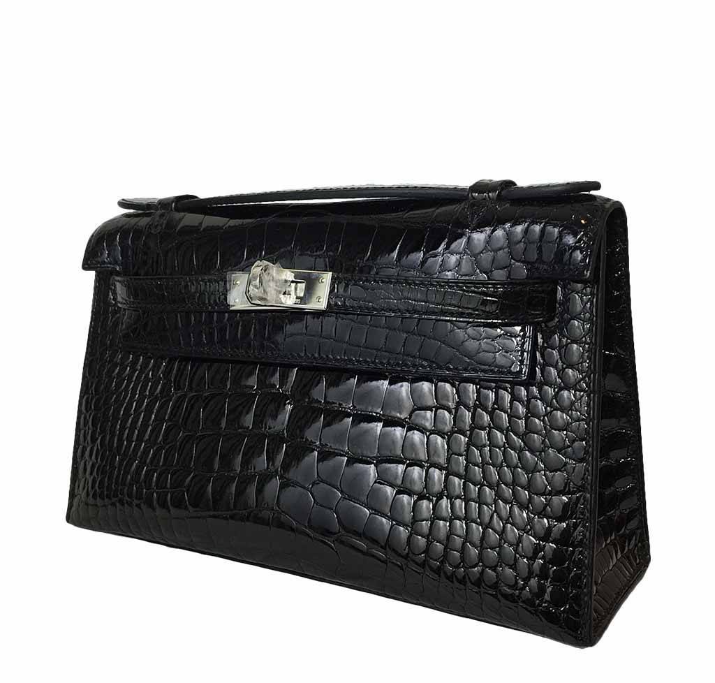 Discount Hermes Mini Kelly Pochette Black Lizard Skin Leather 22CM