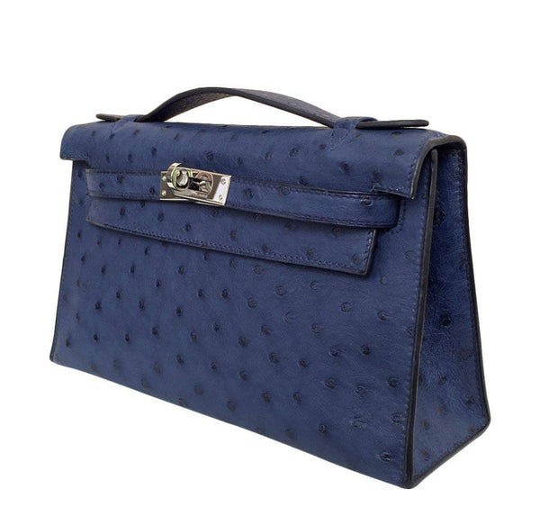 Hermes Kelly Mini Pochette Ostrich Blue Sapphire Used Front