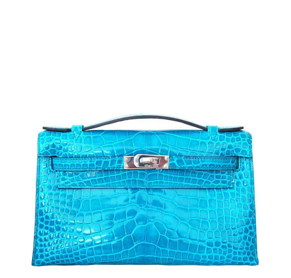 Hermes Mini Kelly 22 Pochette Bag n7 Blue Tempete Shiny Nile Croc PHW