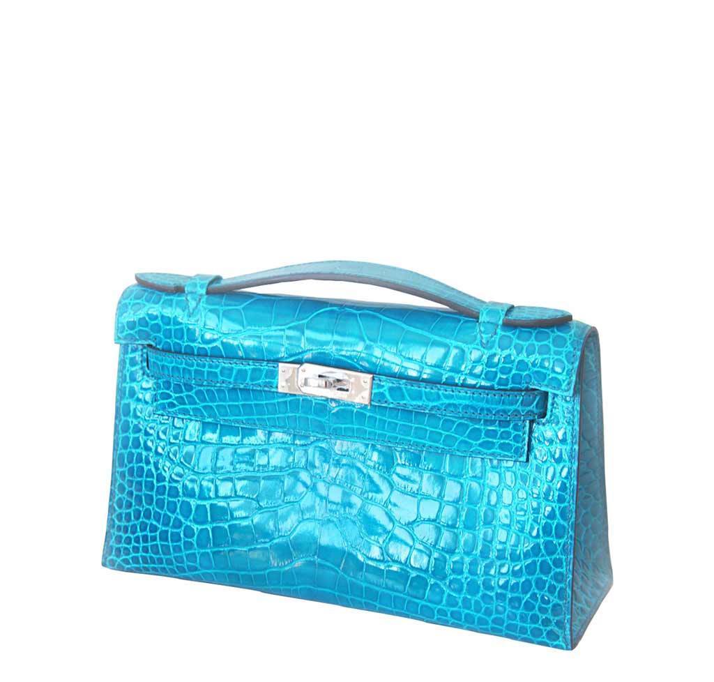 Hermes Shiny Blue Brighton Alligator Kelly Pochette Bag with, Lot #56174