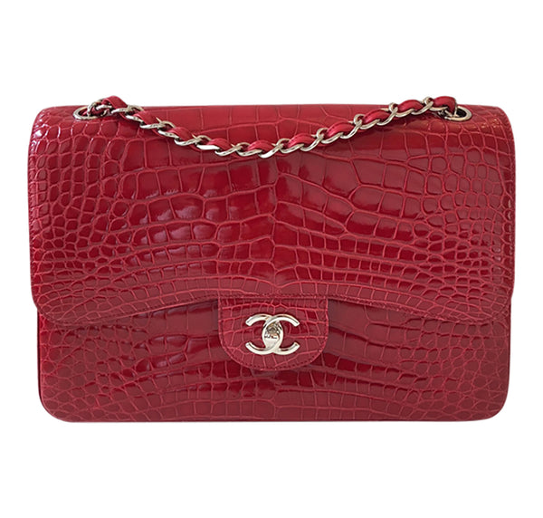 Chanel Red Jumbo Flap 2.55 Shiny Alligator Bag Excellent Front