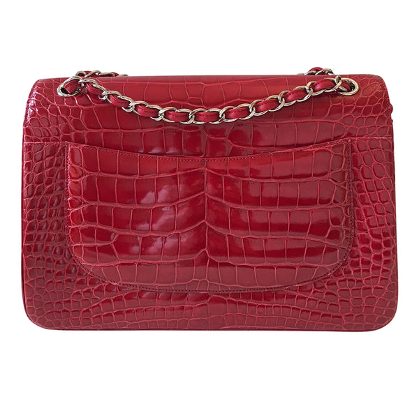 Chanel Red Jumbo Flap 2.55 Shiny Alligator Bag Excellent Back