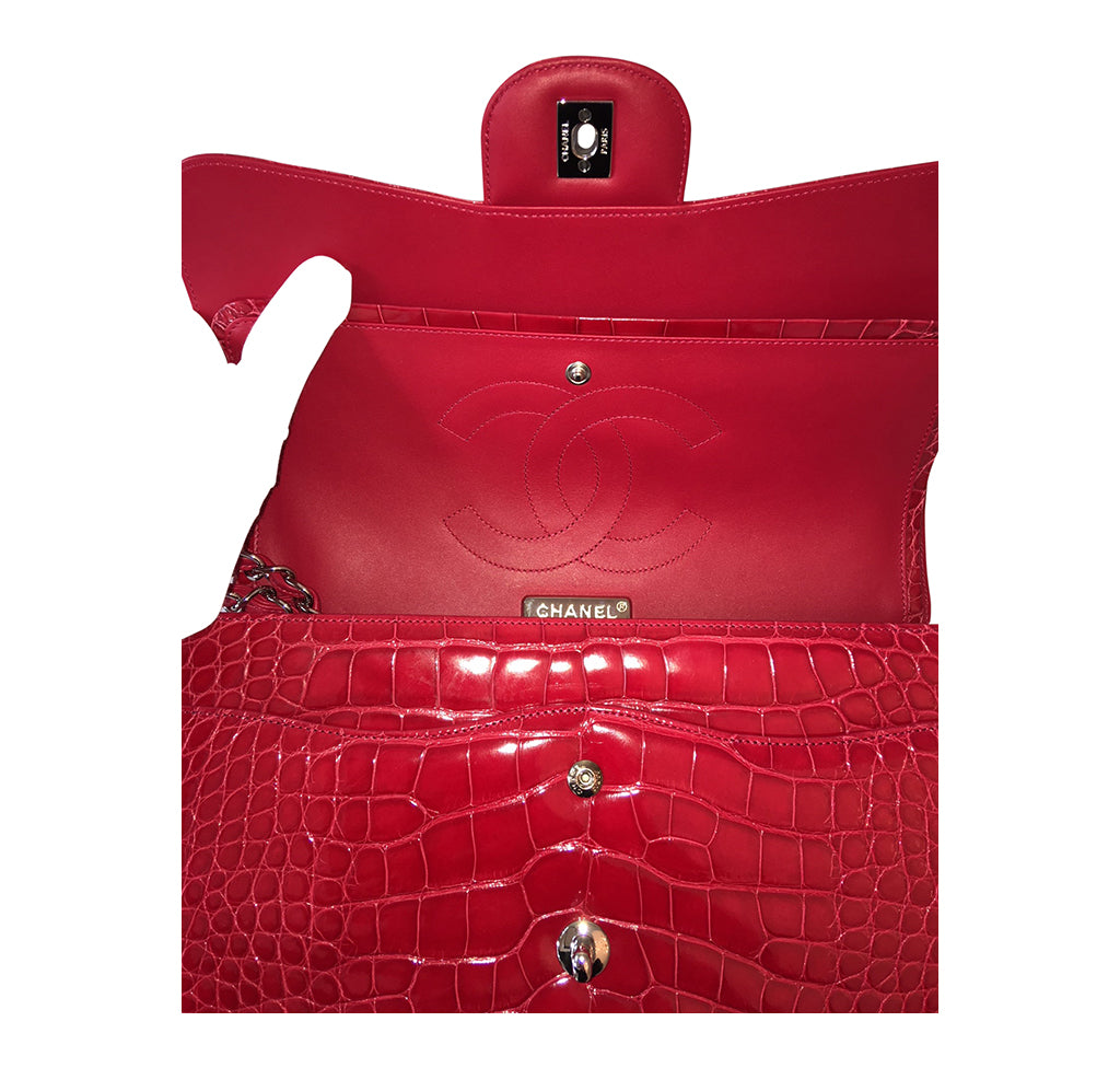 Chanel Red Crocodile Classic Single Flap with Gold Hardware at