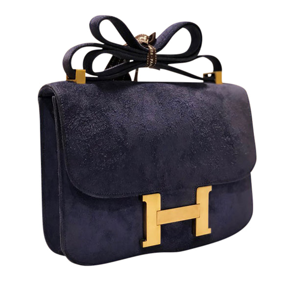 Hermes Constance 24 Vintage Navy Suede gold very good front side