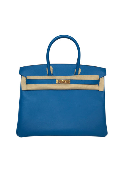 Hermès Birkin 35 Blue Zanzibar Epsom Gold hardware pristine front