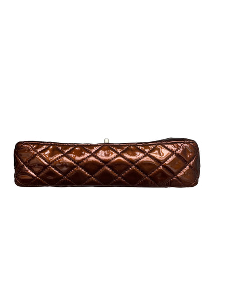 Chanel Medium Double Flap Bag Metallic Patent Leather Bronze pristine bottom