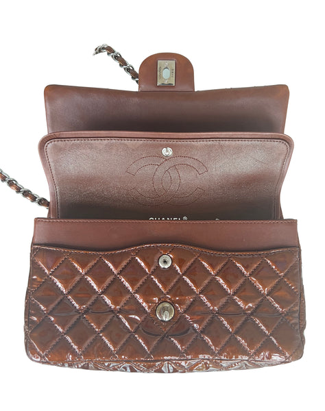 Chanel Medium Double Flap Bag Metallic Patent Leather Bronze pristine interior