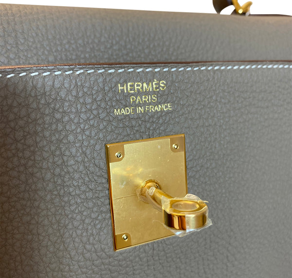 Hermès Kelly 35 Etoupe Clemence gold pristine embossing