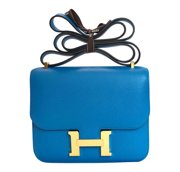 Hermes Constance Mini Blue Zanzibar Epsom Gold pristine front