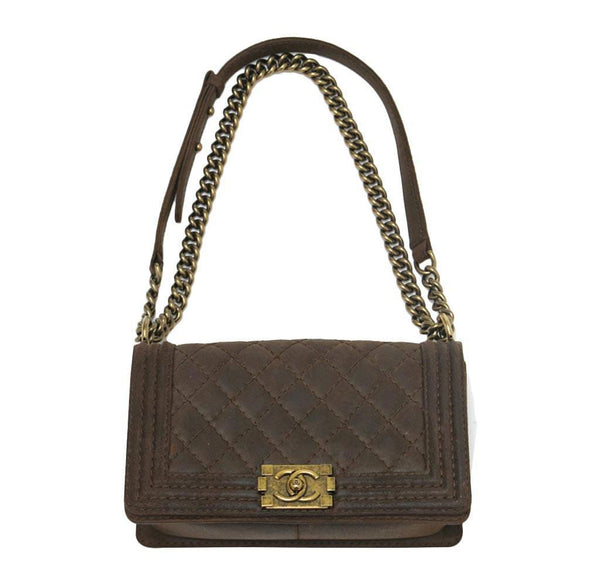 chanel boy flap bag brown used front