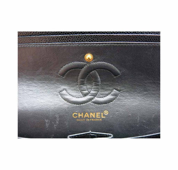 chanel classic double flap bag black used detail