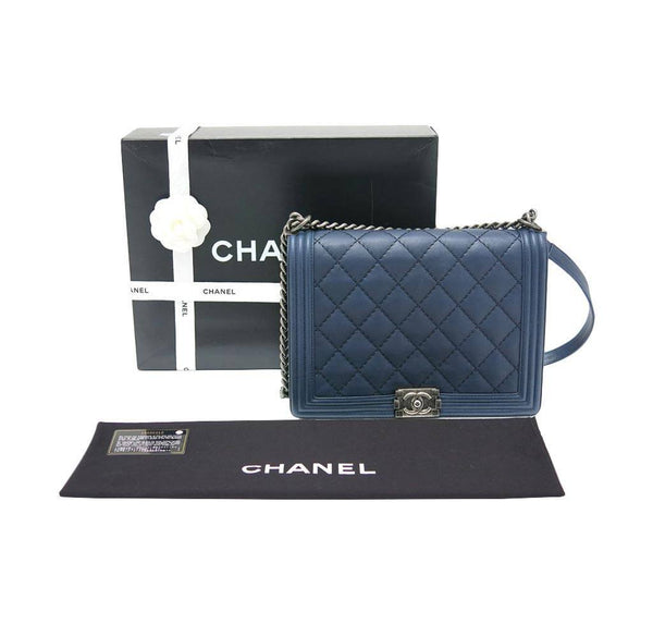 chanel boy flap bag navy used complete